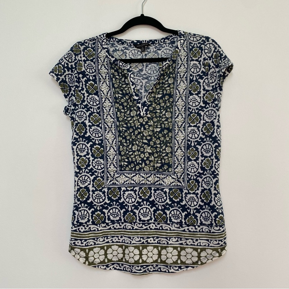Lucky Brand Navy, White & Olive Printed Short Sleeve Tee